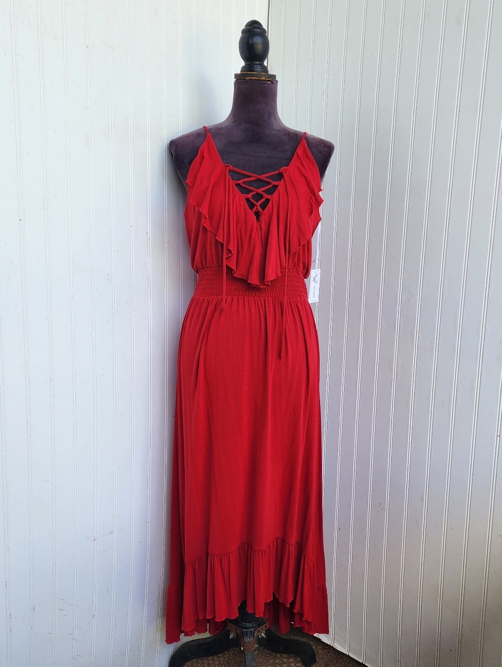 NWT Go Coco Rayon Jersey Stretch Maxi Dress Red  Ruffle Lace V-Neck Sz XL